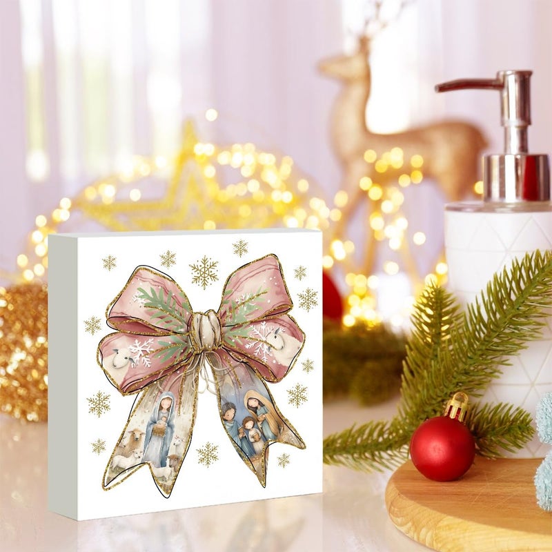 FXEFXE Pink Christmas Decor, Christian Christmas Decorations Indoor, Glitter Bow Nativity Scene Snowflake Sign Gift for Women Friends, Rustic Wooden Box Sign for Home Office Bedroom Desk Decor 5x5 Inches - Image 5